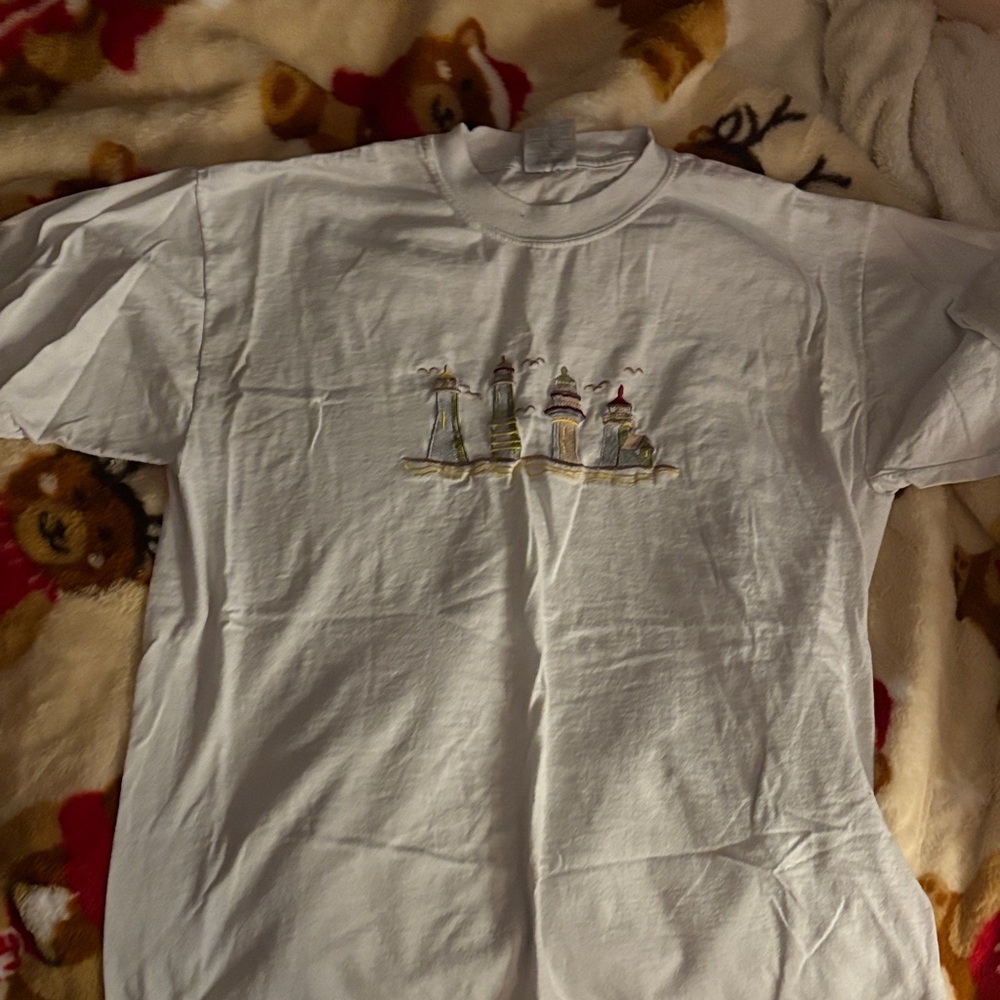 White T-Shirt with Lighthouse Embroidery
